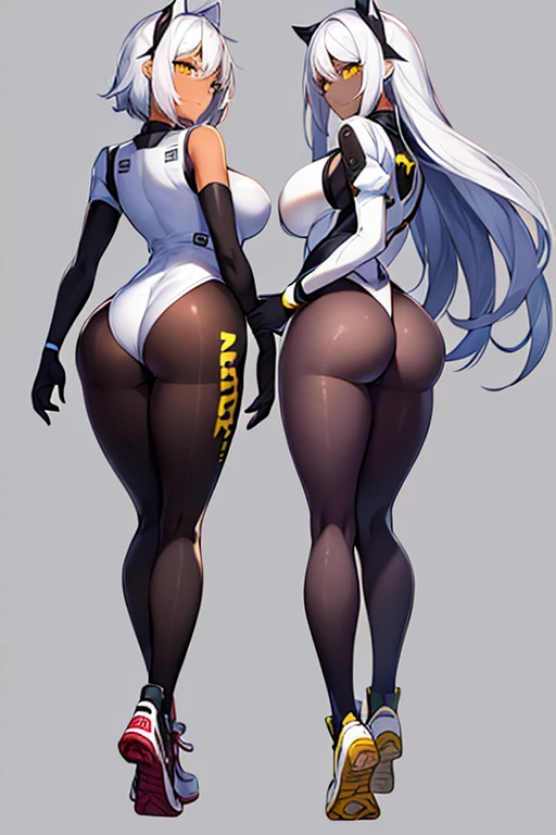 2girls, dark-skinned females, dark-skinned female, dark skin, white hair, long hair, very short hair, large breasts, breasts, wide hips, yellow eyes, smile, bodysuit, black bodysuit, white trim, sleeveless, black pantyhose, pantyhose, futuristic, tech, science-fiction, full body, ((full body)), from behind, ass, sneakers, wants to have sex