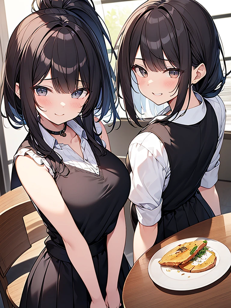 Anime drawing with clear colors. Full body drawing. Young wife is a former student council president. One adult woman. (White vertical striped sleeveless shirt with collar and black long skirt), (Morning Apartment Room Sexy)、 (Breakfast at the table, waving goodbye with a refreshing smile), (Short black hair, ponytail, straight hair, swept-to-the-side bangs:1.9 Slanted eyes Brown eyes Tall Big breasts Strong Beautiful Cute