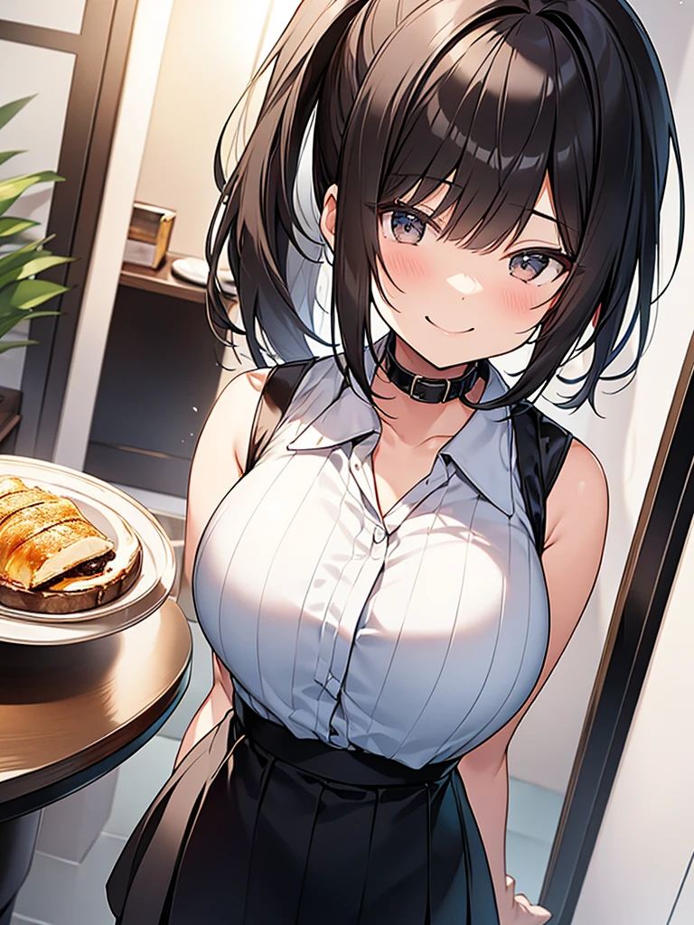 Anime drawing with clear colors. Full body drawing. Young wife is a former student council president. One adult woman. (White vertical striped sleeveless shirt with collar and black long skirt), (Morning Apartment Room Sexy)、 (Breakfast at the table, waving goodbye with a refreshing smile), (Short black hair, ponytail, straight hair, swept-to-the-side bangs:1.9 Slanted eyes Brown eyes Tall Big breasts Strong Beautiful Cute