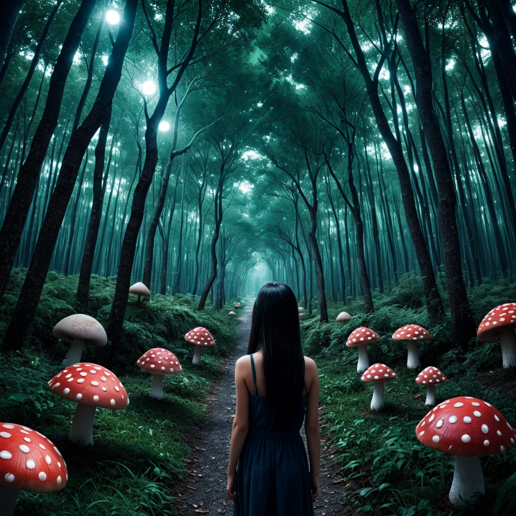 [author：Junji Ito], Dark horror scene, [Detailed shadows], [vein], (Bioluminescent mushroom forest), 1 Girl, Huge cosmic eyes, Spiral Fungus, Human Development Report fluffy black hair sheep horns. Insane