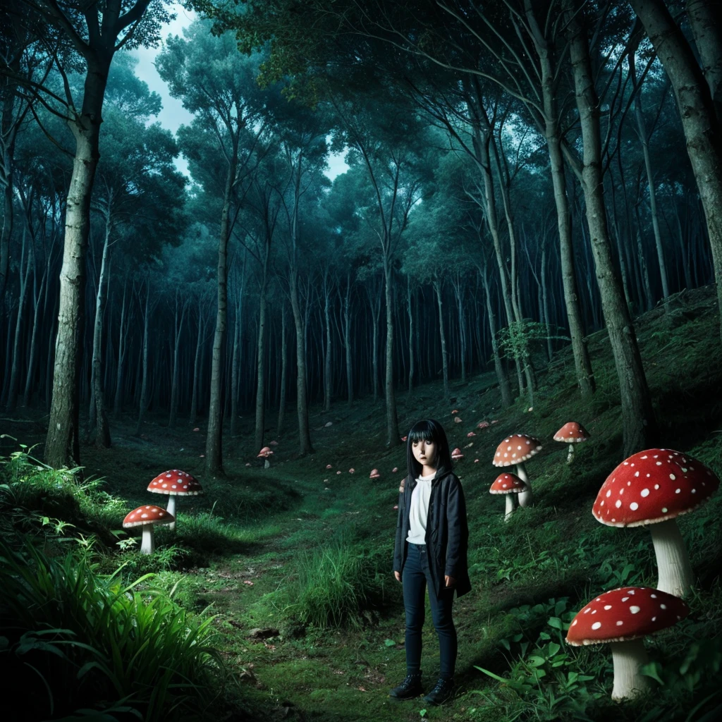 [author：Junji Ito], Dark horror scene, [Detailed shadows], [vein], (Bioluminescent mushroom forest), 1 Girl, Huge cosmic eyes, Spiral Fungus, Human Development Report fluffy black hair sheep horns. Insane