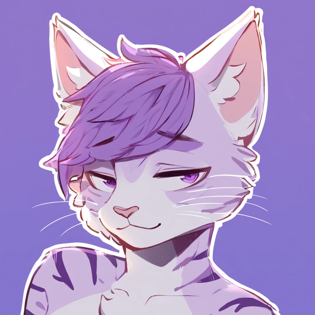 adult, feline, mammal, anthro, anthropomorphic, cat, striped, fur, striped_feline, fur, male, light_purple, purple_hair, fluffy, white, white_chest, shy, small_pupils, digital_art, high_resolution, high_res, hand-drawn, pencil_lines, head_visible, background, neck_visible, seductive_face, detailed_line_work, profile_picture, head_visible, neptune_background, purple_background, cute, white, posing, finger_paws, dream_pose, headshot, head_only
