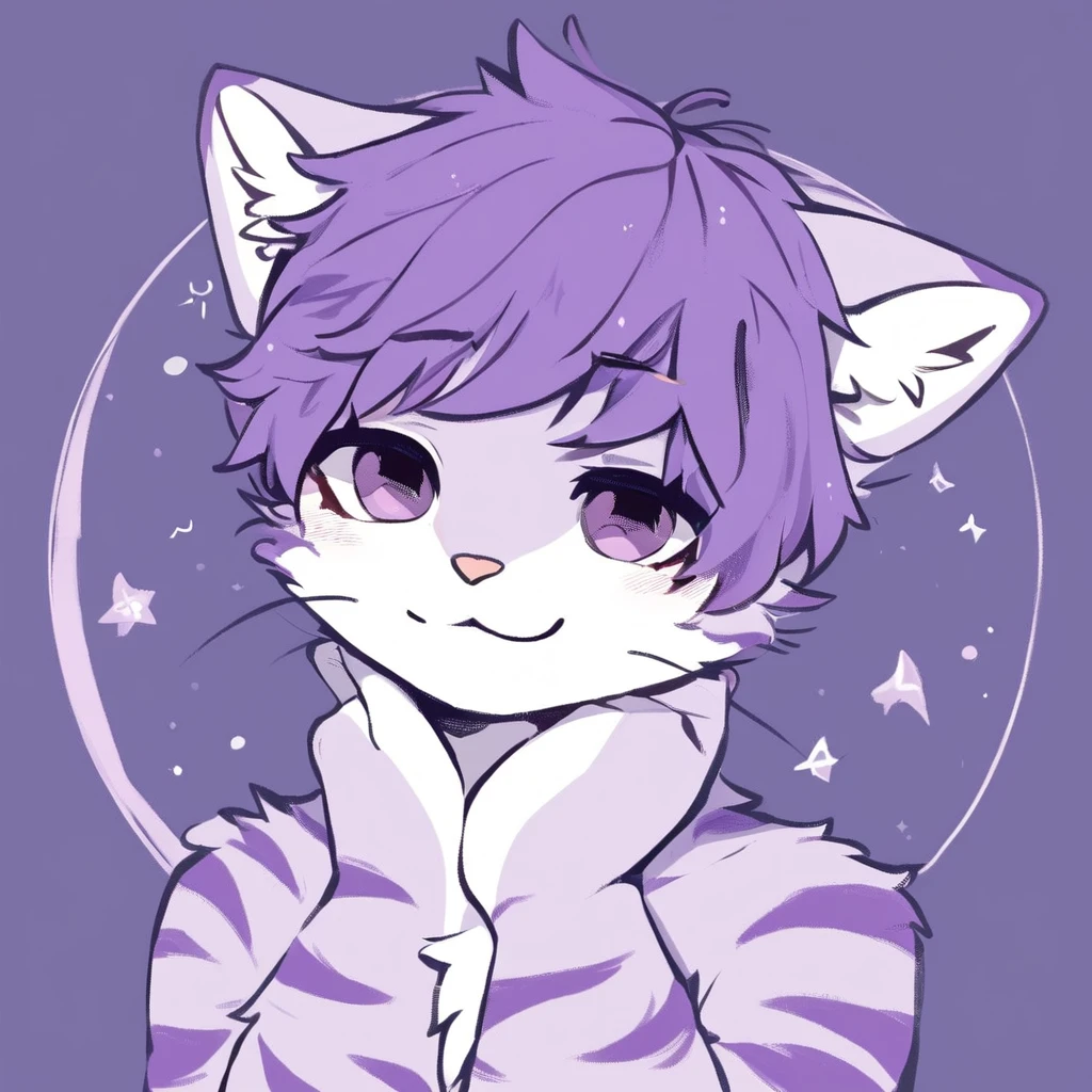 adult, feline, mammal, anthro, anthropomorphic, cat, striped, fur, striped_feline, fur, male, light_purple, purple_hair, fluffy, white, white_chest, shy, small_pupils, digital_art, high_resolution, high_res, hand-drawn, pencil_lines, head_visible, background, neck_visible, seductive_face, detailed_line_work, profile_picture, head_visible, neptune_background, purple_background, cute, white, posing, finger_paws, dream_pose, headshot, head_only