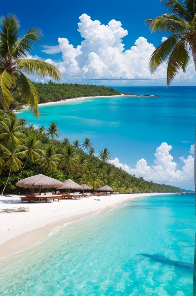 A paradisiacal beach, with blue sea, white sand and coconut trees.