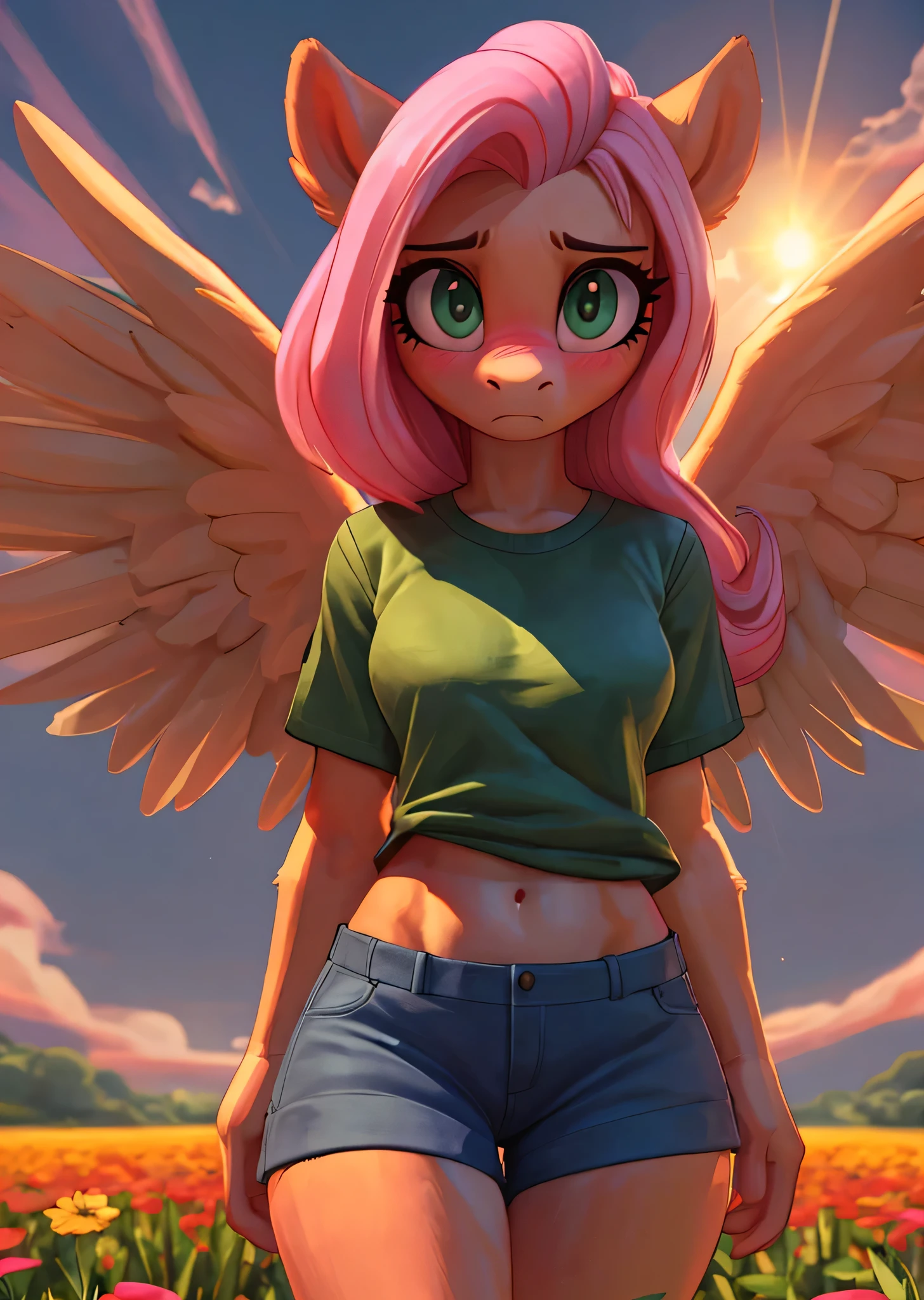[fluttershy], [Uploaded to e621.net; (Pixelsketcher), (mayosplash), (wamudraws)], [uploaded to twitter.com; (@senip)], ((masterpiece)), ((HD)), ((high res)), ((solo portrait)), ((waist up)), ((front view)), ((pony; anthro)), ((detailed fur)), ((detailed shading)), ((beautiful render art)), {anthro female; (slim figure), light-yellow fur, horse snout, (long pink hair), (long pink tail), (light-yellow pegasus wings), (long eyelashes), (cute green eyes), (curvy hips), (beautiful legs), (sweat on forehead), (blushing), (nervous expression)}, {(long light-green tee shirt), (baggy shirt), (blue shorts)}, {(standing), (arms behind back), (looking at viewer)}, [ambient lighting, flower fields, sunset, sun rays]