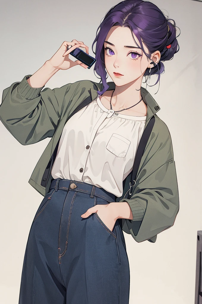 Purple hair boy, purple eyes fair skin, earphone, in the front position, speaking, with your hands in your blouse pocket 