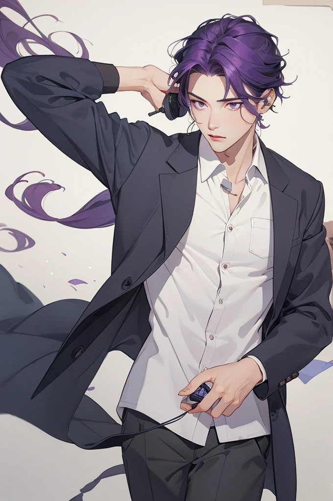 Purple hair boy, purple eyes fair skin, earphone, in the front position, speaking, with your hands in your blouse pocket 