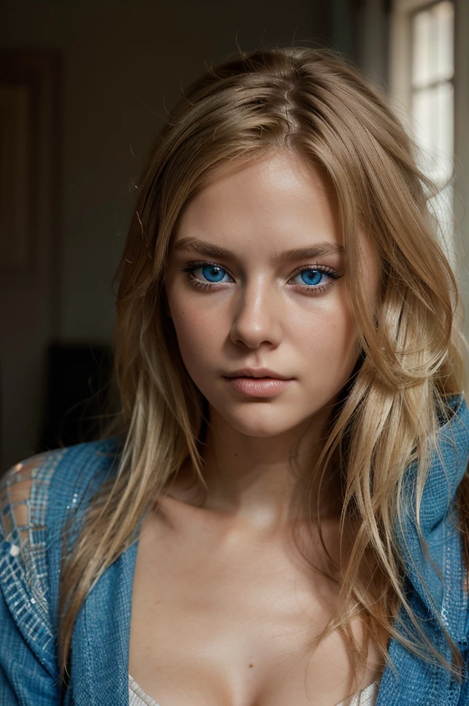 beautiful young woman model blonde with long disheveled hair, portrait, beautiful blue eyes, looking directly at the camera, outfit, masterpiece, best quality, very high intricate detailing, sharp focus, natural lighting, (((photorealistic))), octane render, HDR, 8k, high contrast
