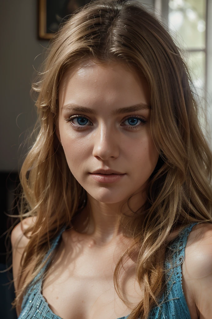 beautiful young woman model blonde with long disheveled hair, portrait, beautiful blue eyes, looking directly at the camera, outfit, masterpiece, best quality, very high intricate detailing, sharp focus, natural lighting, (((photorealistic))), octane render, HDR, 8k, high contrast
