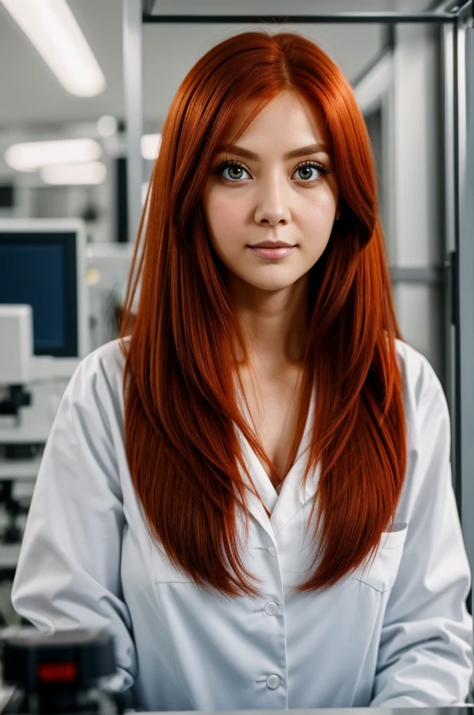 30-year-old scientist Red hair big eyes snub nose big lips thin triangular face long hair brown eyes 