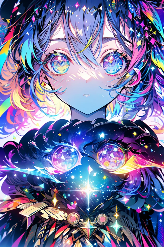 masterpiece、girl、Rainbow colorsの髪、Sparkling eyes、Serious face、Shining Background、Rainbow colors、beautiful、Dangerous guy、masterpiece、Very flashy、Impact、Darker colors、