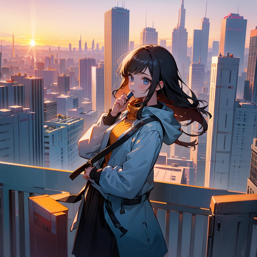 Girl Calling on a cellphone, over a building looking at the sunset behind a city, side pov