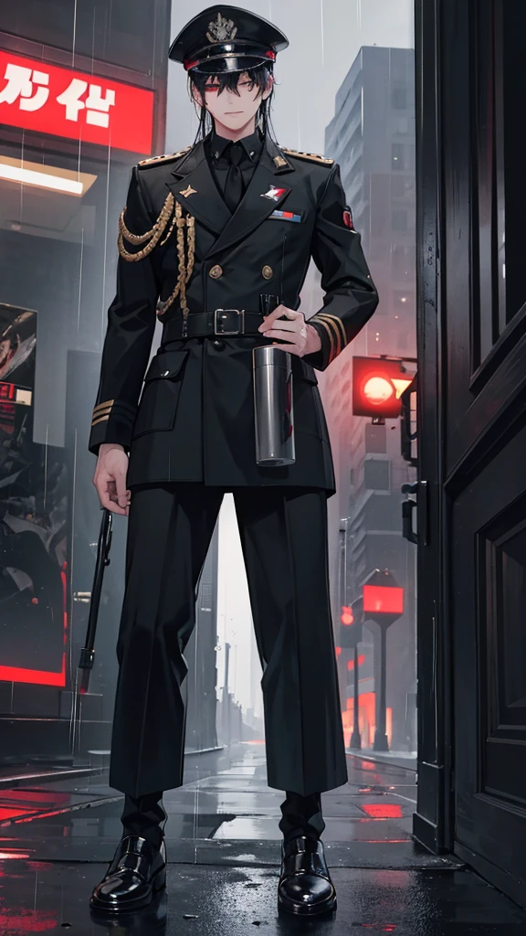 a young man in black military uniform, black hair, red eyes, smiling, half of his face hidden by a hat, smoking a cigarette, movie-like atmosphere, dark lighting, cityscape, looking directly at the viewer, full body, in the rain, wet, best quality, 8k, highres, masterpiece, detailed portrait, dramatic lighting, cinematic, moody, gritty, urban, dramatic, emotive