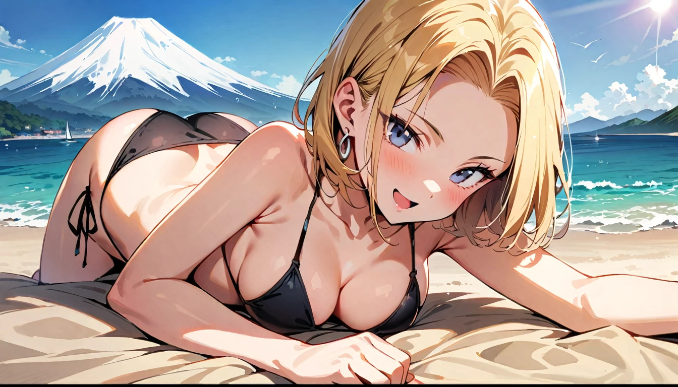 (masterpiece, best quality:1.2),1girl, (solo), Android 18 from Dragon Ball, ((string bikini, black bikini, side-tie bikini bottom, thigh gap)), lying on stomach, medium breasts, blunt bangs, blonde short hair, (black eyes), earrings on earlobes, slim, slender feminine figure, skinny body, blush, sky, magnificent view, blur background, 4K, open mouth, beach, smile, (Sandy Beach), beautiful butt, side boob, sun, Mt.Fuji