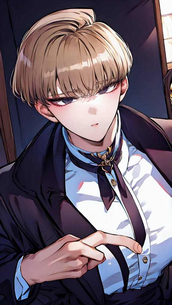 boy with blond hair、glare、gothic fashion