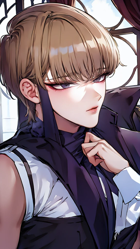 boy with blond hair、glare、gothic fashion