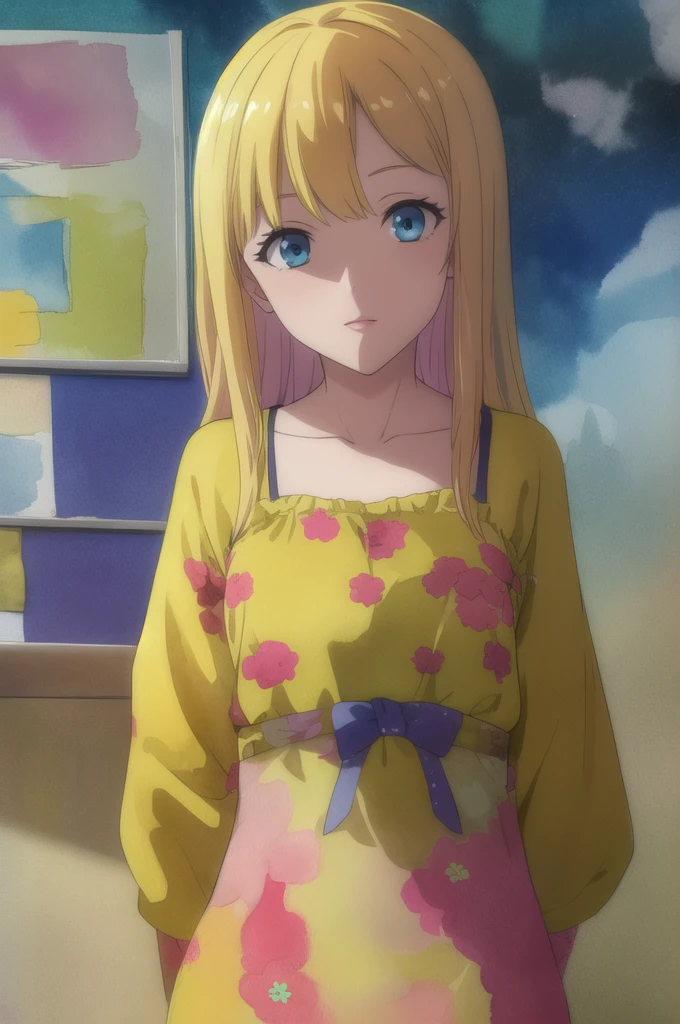 (best quality:1.1), (masterpiece:1.4), sketch, 1girl, solo, looking at viewer, upper body, depth of field, (watercolor illustration, soft pastel colors:1.1), , runa_shirakawa, blonde hair, blue eyes, long hair, bangs, multicolored hair, , , , , hair bow, ,