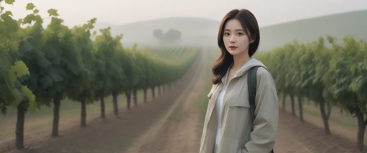 8k best picture quality, Beautiful 36-year-old Korean woman, Chest size 34 inches, The cathedral can be seen through the early morning fog past the vineyards in the Croatian countryside., The back background is realistic and vivid image quality, medium hair, Casual and British - (Beige short-sleeved windbreaker for summer) ,Perfect and realistic photos, The background is realistic. Full body shot with Canon camera 16-35 wide angle lens, expressionless, Standing on a vineyard hill covered in thick fog