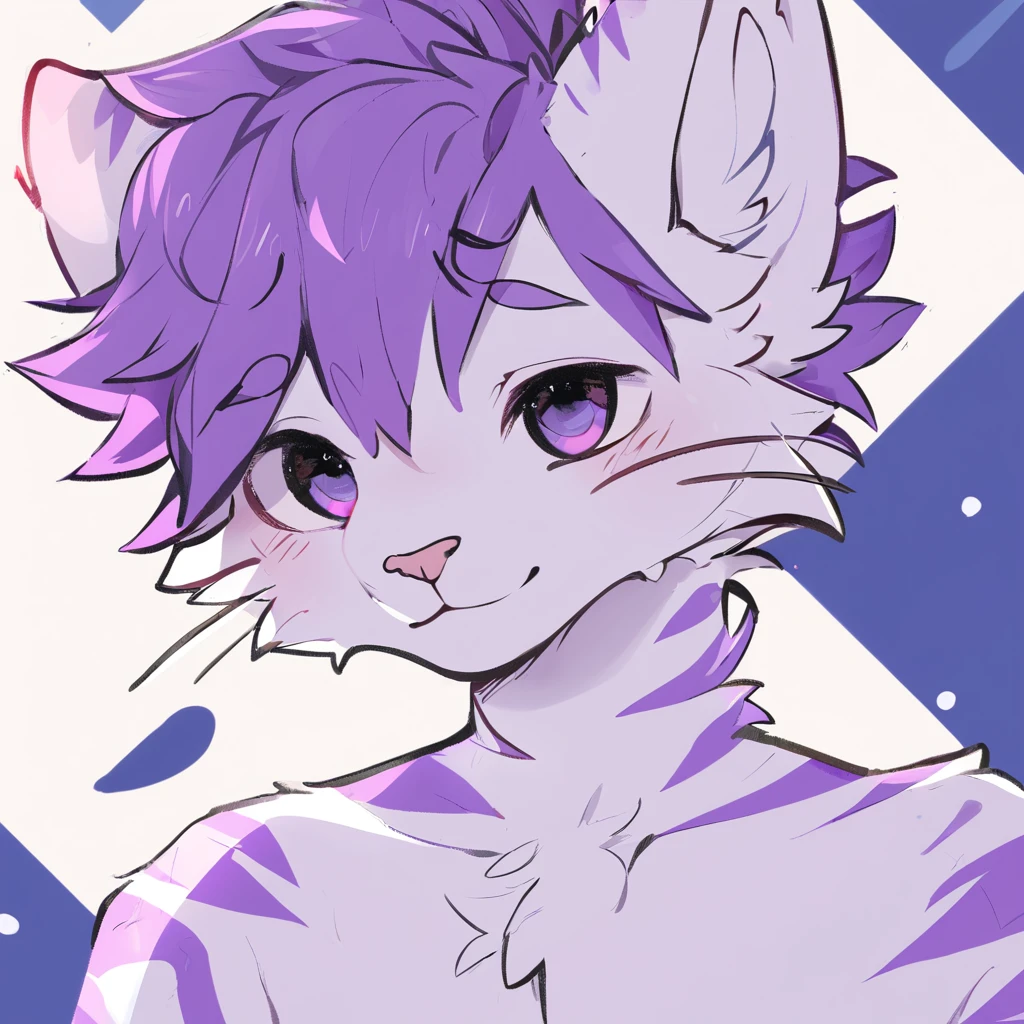 adult, feline, mammal, anthro, anthropomorphic, cat, striped, fur, striped_feline, fur, male, light_purple, purple_hair, fluffy, white, white_chest, shy, small_pupils, digital_art, high_resolution, high_res, hand-drawn, pencil_lines, head_visible, background, neck_visible, seductive_face, detailed_line_work, profile_picture, head_visible, neptune_background, purple_background, cute, white, posing, finger_paws, dream_pose, headshot, head_only