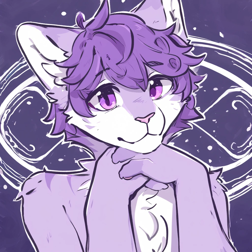 adult, feline, mammal, anthro, anthropomorphic, cat, striped, fur, striped_feline, fur, male, light_purple, purple_hair, fluffy, white, white_chest, shy, small_pupils, digital_art, high_resolution, high_res, hand-drawn, pencil_lines, head_visible, background, neck_visible, seductive_face, detailed_line_work, profile_picture, head_visible, neptune_background, purple_background, cute, white, posing, finger_paws, dream_pose, headshot, head_only