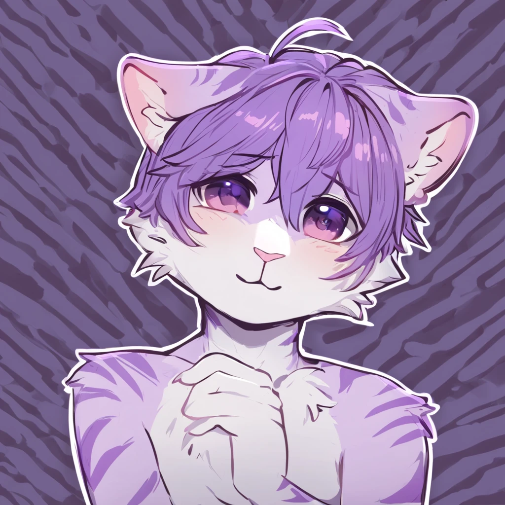 adult, feline, mammal, anthro, anthropomorphic, cat, striped, fur, striped_feline, fur, male, light_purple, purple_hair, fluffy, white, white_chest, shy, small_pupils, digital_art, high_resolution, high_res, hand-drawn, pencil_lines, head_visible, background, neck_visible, seductive_face, detailed_line_work, profile_picture, head_visible, neptune_background, purple_background, cute, white, posing, finger_paws, dream_pose, headshot, head_only