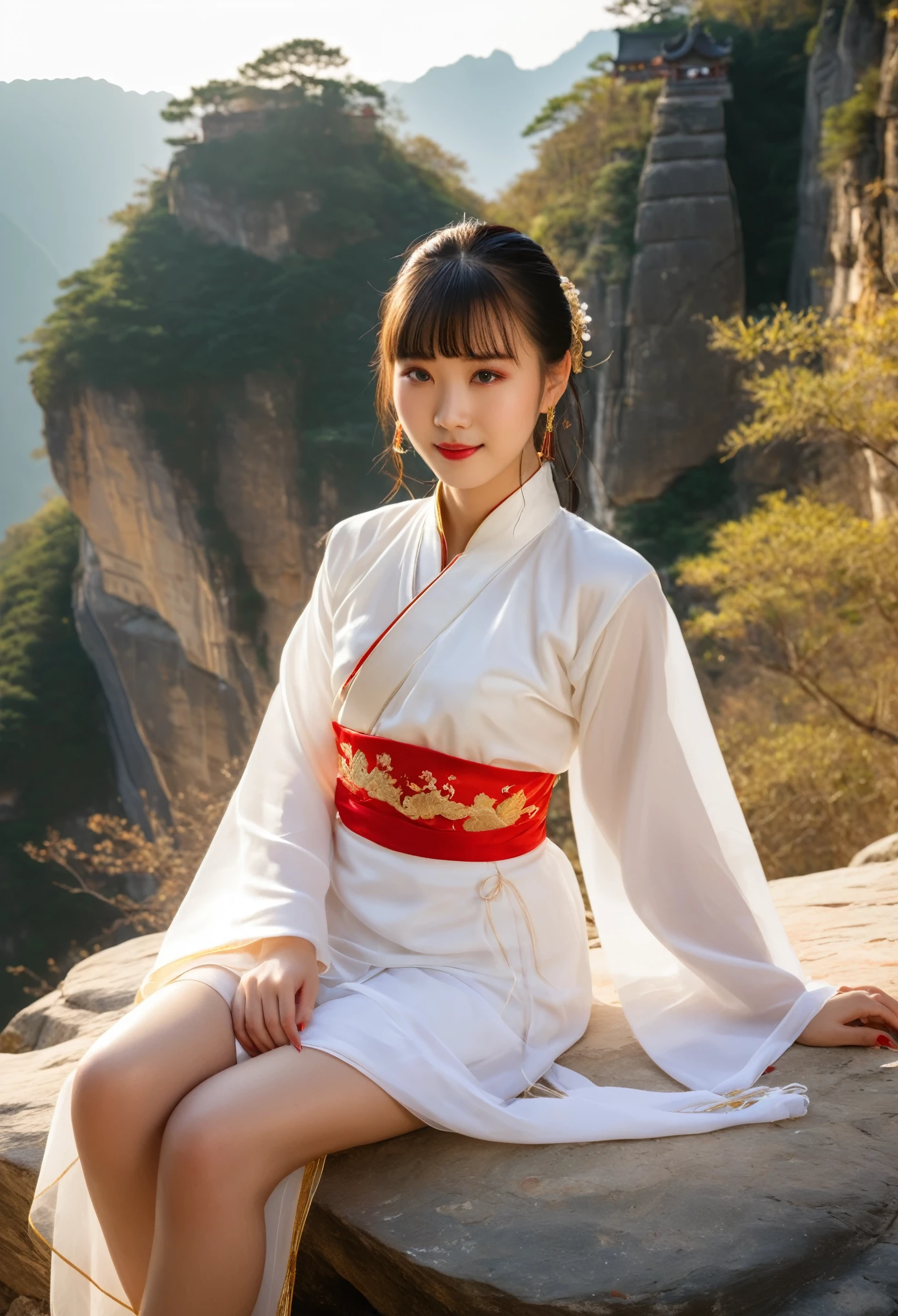 A beautiful Chinese girl wearing a white Hanfu, a red and gold embroidered top with thin transparent chiffon fabric, an embroidered skirt, sitting on a rock in front of a cliff, looking at the camera, her hair draped over her shoulders, a happy expression, natural light, backlighting, sunlight shining through her bangs on her face, high definition photography, super details, full body photos, in the style of a Chinese painter.