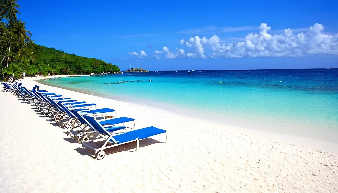 There are many chairs and umbrellas on the beach near the water's edge, White Sand beach, White Sandy beach, White Sand, carribean White Sand, breath-taking Beautiful beaches, Sandy Beach, White beach, Beautiful beaches, Beautiful tropical island beaches, at a Tropical Beach, Tropical Beach, Discarded sand, Stand on the beach in Boracay, sand and sea