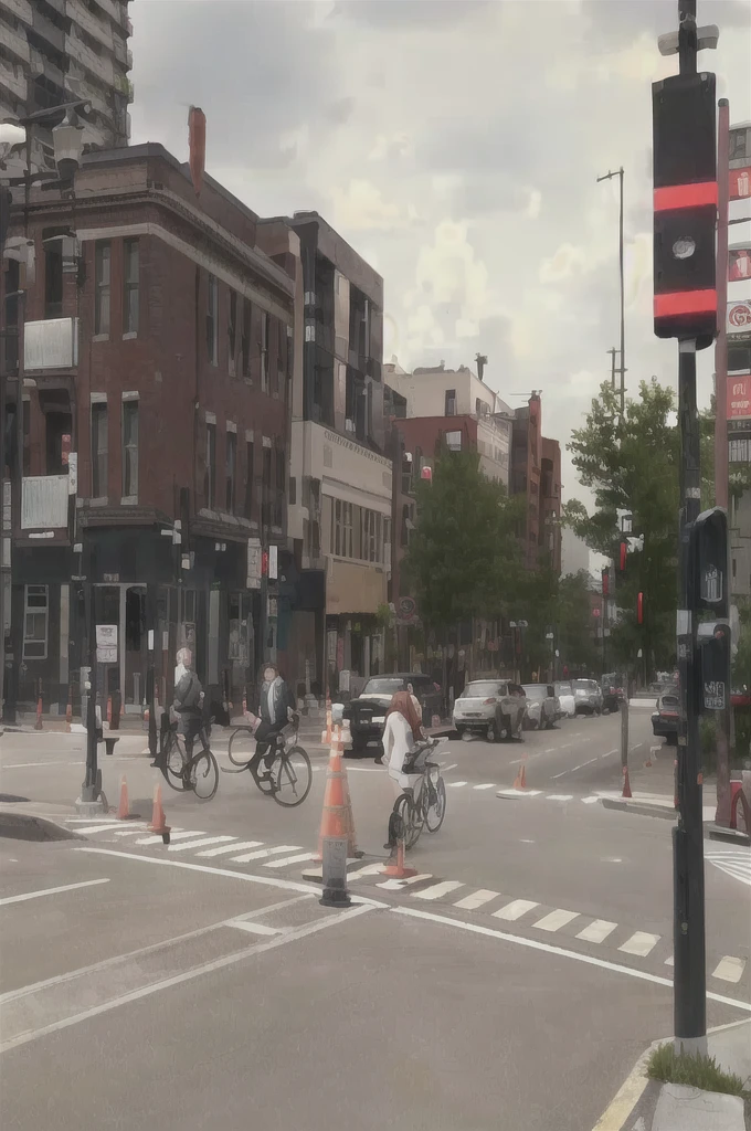 Busy street intersection with pedestrians and bicyclists on the road, and a traffic cone. Buildings in the background with some cars parked on the street side