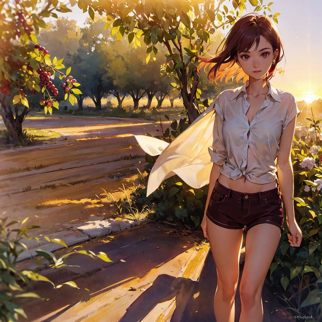 Exquisite, slender, delicate girl of 16 years old with a perfect gentle face of the southern type (with short dark burgundy hair) with freckles (with ruby earring) in the rays of the rising sun, naked with tender bare breasts with pink swollen nipples ((barefoot)) ((in an unbuttoned open burgundy shirt over a naked body and short burgundy shorts)) (on the veranda in the garden) Drinks (coffee) and looks at the flowers, in watercolor style, discreet light shades, Flares, (imitation of film photography), against the sun, a lot of sun glare, light fills the frame, olive and grape groves, strong wind, Brick Road, high image quality, Maximum detail, sunset lighting, Warm evening shades, (warm golden and olive sunset light), big space eyes, olive and grape groves, Brick Road