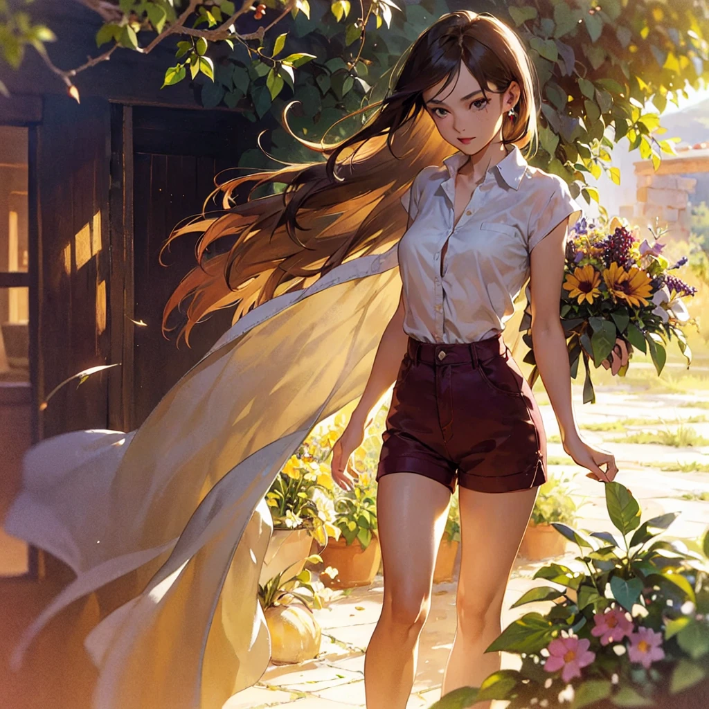 Exquisite, slender, delicate girl of 16 years old with a perfect gentle face of the southern type (with short dark burgundy hair) with freckles (with ruby earring) in the rays of the rising sun, naked with tender bare breasts with pink swollen nipples ((barefoot)) ((in an unbuttoned open burgundy shirt over a naked body and short burgundy shorts)) (on the veranda in the garden) Drinks (coffee) and looks at the flowers, in watercolor style, discreet light shades, Flares, (imitation of film photography), against the sun, a lot of sun glare, light fills the frame, olive and grape groves, strong wind, Brick Road, high image quality, Maximum detail, sunset lighting, Warm evening shades, (warm golden and olive sunset light), big space eyes, olive and grape groves, Brick Road