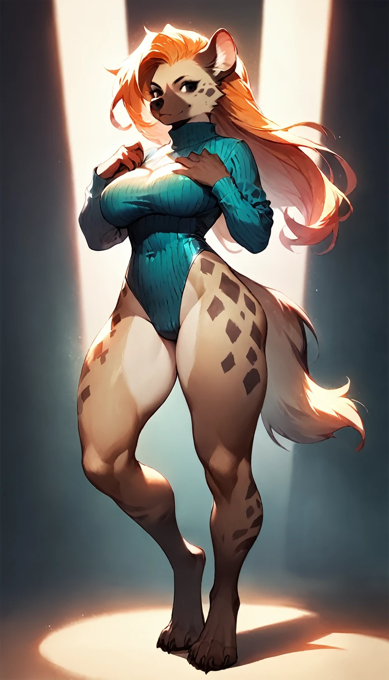 score_9, score_8_up, score_7_up, score_6_up, score_5_up, score_4_up, (solo), female anthro hyena,(colorful leotard, heattech leotard,tight leotard,long_sleeve leotard,ribbed leotard,high_leg leotard,turtleneck leotard), lusty, fluffy body, long blond hair, black eyes, (thick thighs:1.5)((( offering the breasts))) ( she is standing ) (barely_visible_booba) , giant breasts, garter belt tights , (focus on ass) watch your back, biki big ass sexy ass sexy but invitation,