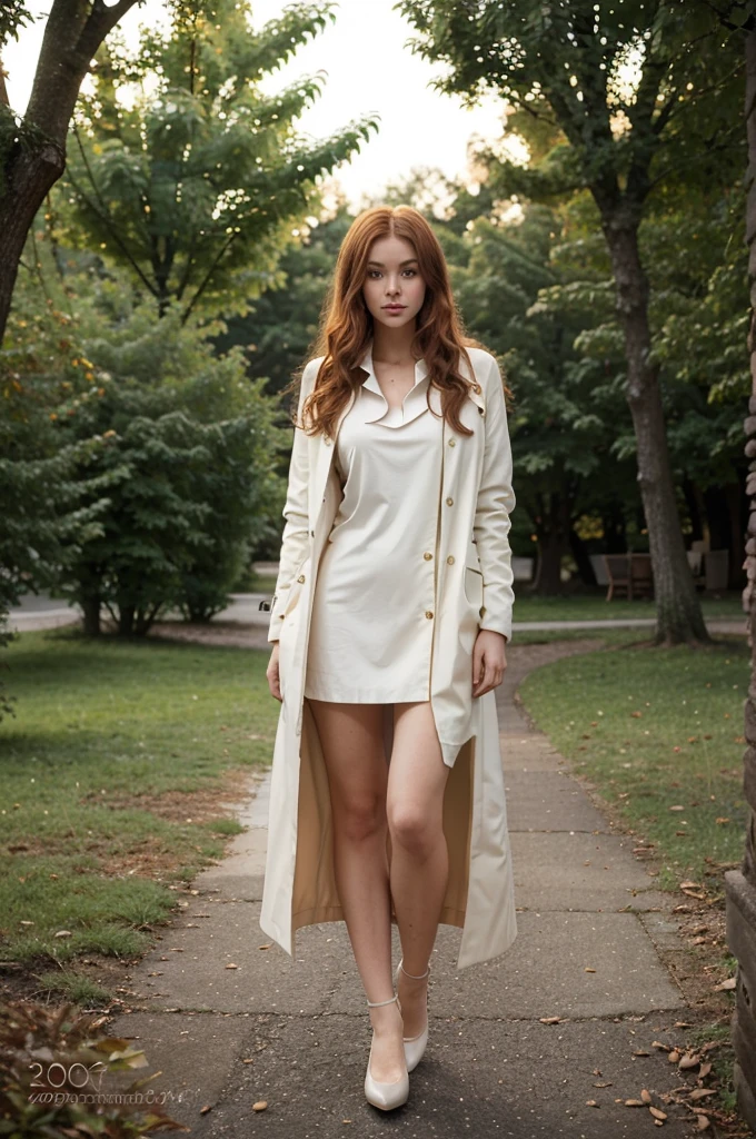 Photograph taken by a Sony ILCE-1 E38, 50mm lens, iso 200,  very young Ukrainian woman with almond-shaped, honey-colored eyes, and a sensual, extremely beautiful look. She has pale skin and long, curly red hair that enhances her beauty. She is dressed in an open, deep-cut white coat that flows down to her ankles, revealing a stylish outfit underneath. She is standing confidently, gazing directly at you with a fixed stare. Her shoes should be elegant, matching the white coat. In the background, create a serene and lush evergreen landscape with softly glowing lights interspersed among the trees, adding a mystical touch to the scene.