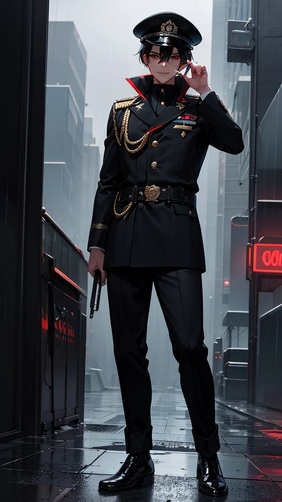 a young man in black military uniform, black hair, red eyes, smiling, half of his face hidden by a hat, smoking a cigarette, movie-like atmosphere, dark lighting, cityscape, looking directly at the viewer, full body, in the rain, wet, best quality, 8k, highres, masterpiece, detailed portrait, dramatic lighting, cinematic, moody, gritty, urban, dramatic, emotive