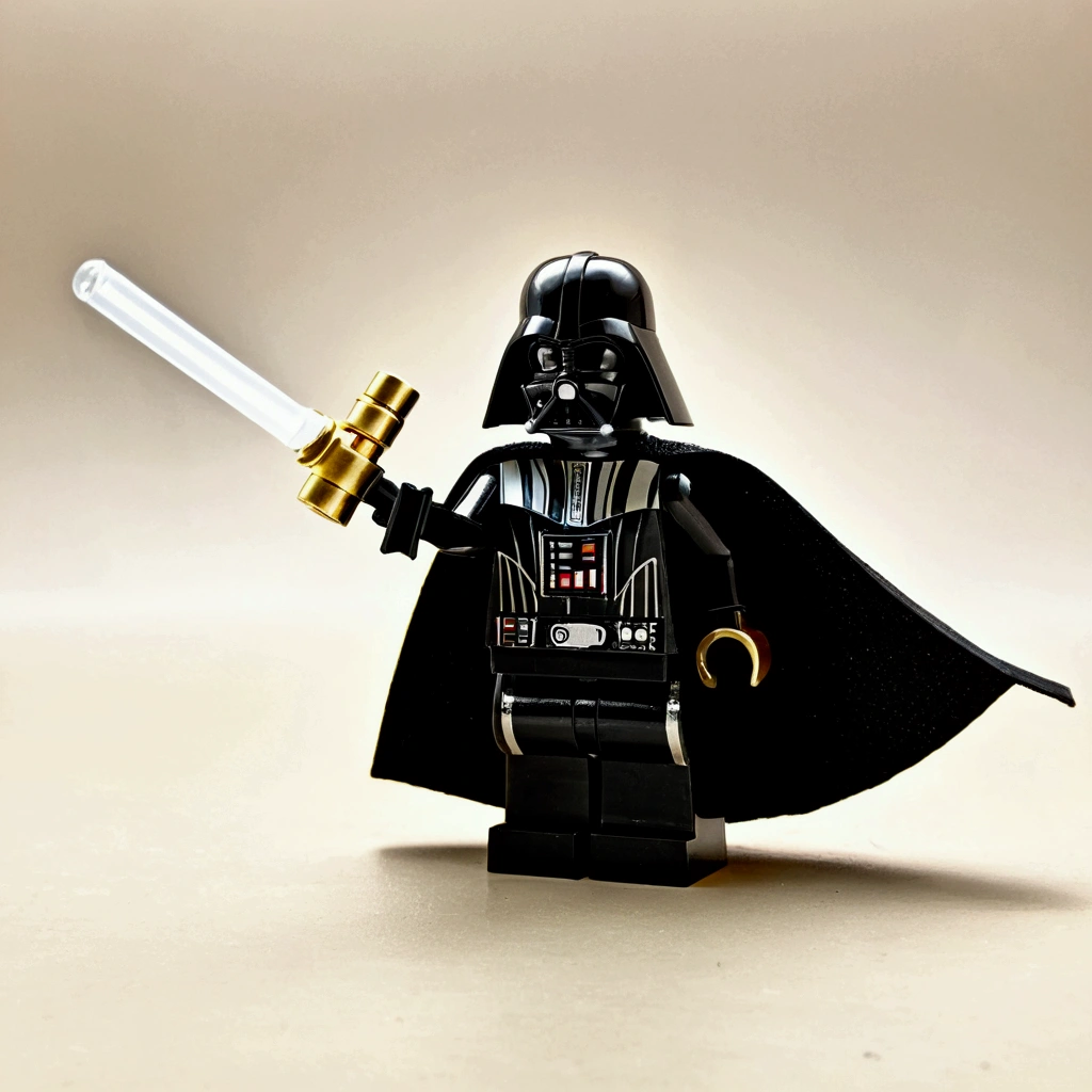 A photo of a lego like Darth Vader, plaything, plastic, mini gold