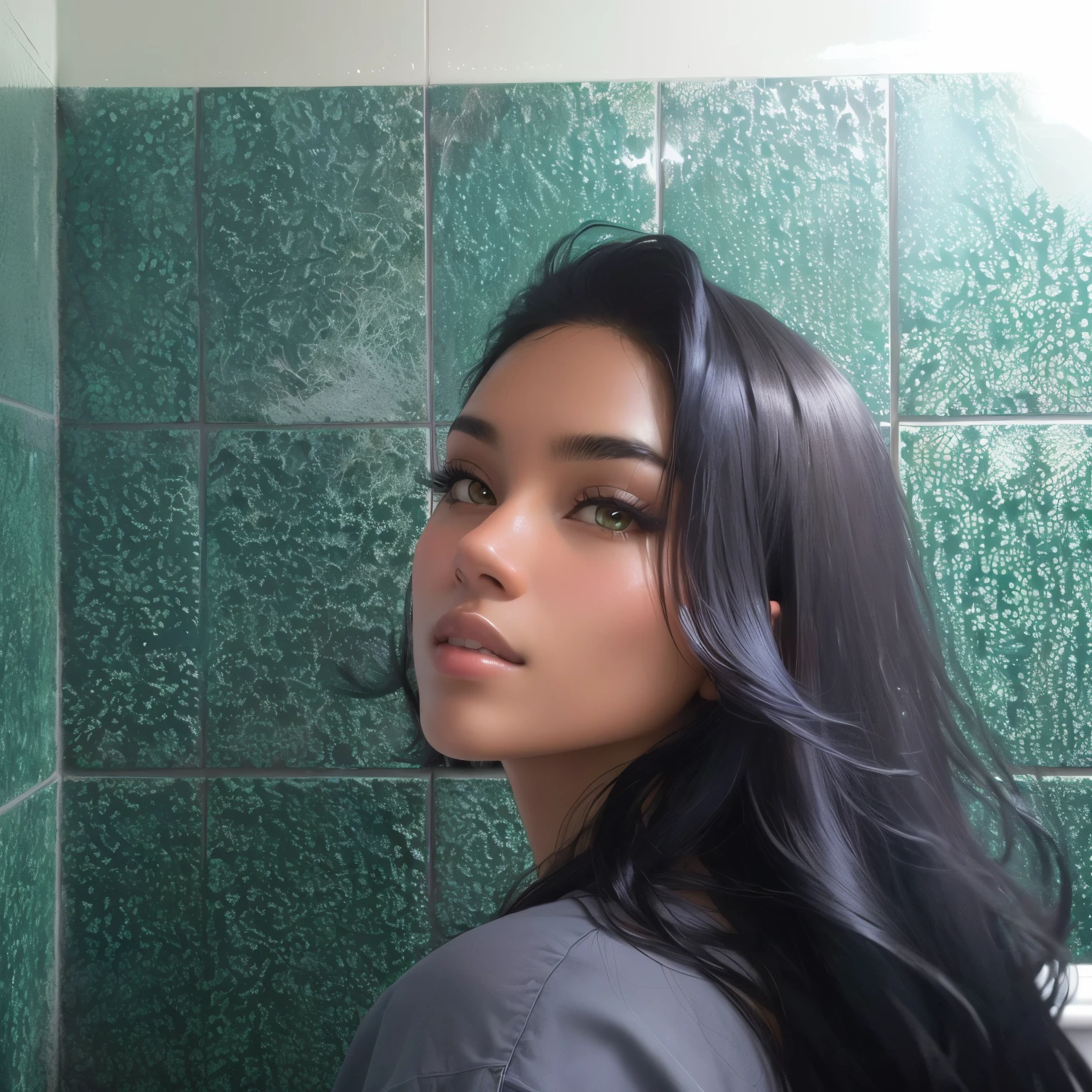 there is a woman standing in a bathroom with a green tiled wall, looks like fabiula natal, in the bathroom, selfie shot, photoshot, with black hair liso, frontal photoshot, profile pic, with black hair, with long hair, profile image, portraite, portraite fotográfico, about 19 years old, profile pic, old photoshot, with dark skin