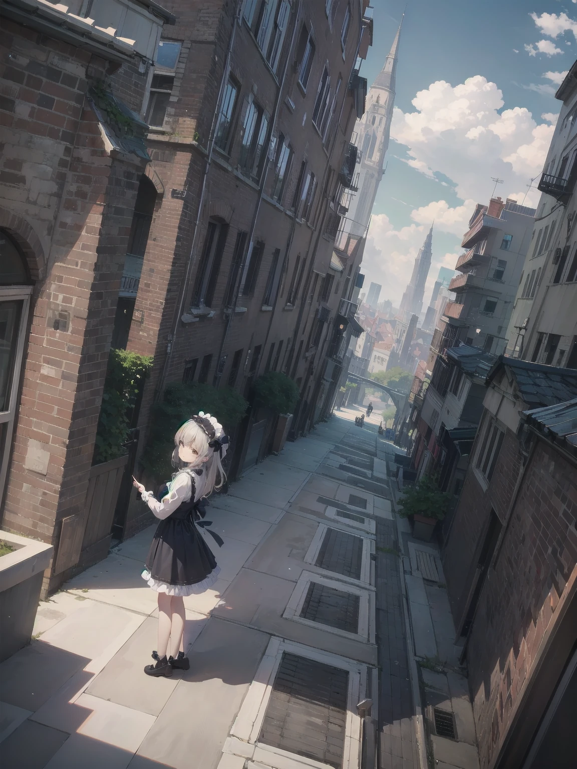 masterpiece、so beautiful、Clear contours、Cute pose of a lolita aristocrat、(building, city, cloudy null, Dutch Angle, From the side, Slight frown, View your viewers, Outdoor, rooftop, null, nullscraper