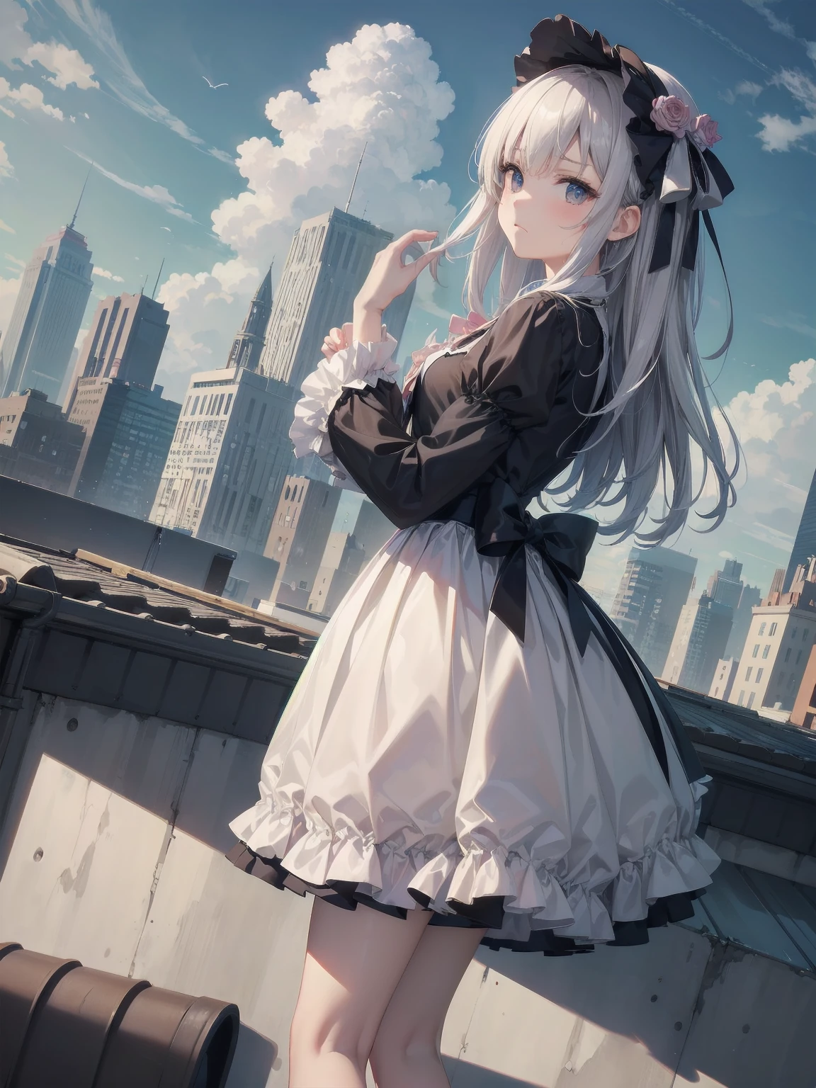 masterpiece、so beautiful、Clear contours、Cute pose of a lolita aristocrat、(building, city, cloudy null, Dutch Angle, From the side, Slight frown, View your viewers, Outdoor, rooftop, null, nullscraper
