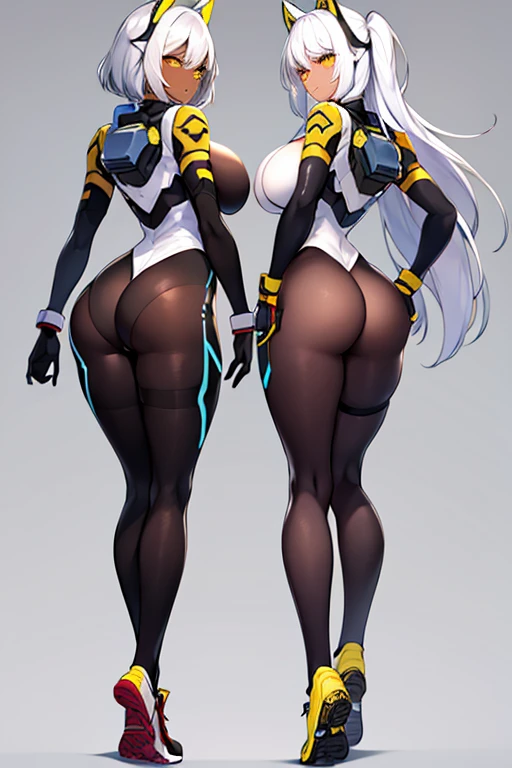 2girls, dark-skinned females, dark-skinned female, dark skin, white hair, long hair, very short hair, large breasts, breasts, wide hips, yellow eyes, smile, bodysuit, black bodysuit, white trim, sleeveless, black pantyhose, pantyhose, futuristic, tech, science-fiction, machinery, full body, ((full body)), from behind, ass, sneakers, wants to have sex