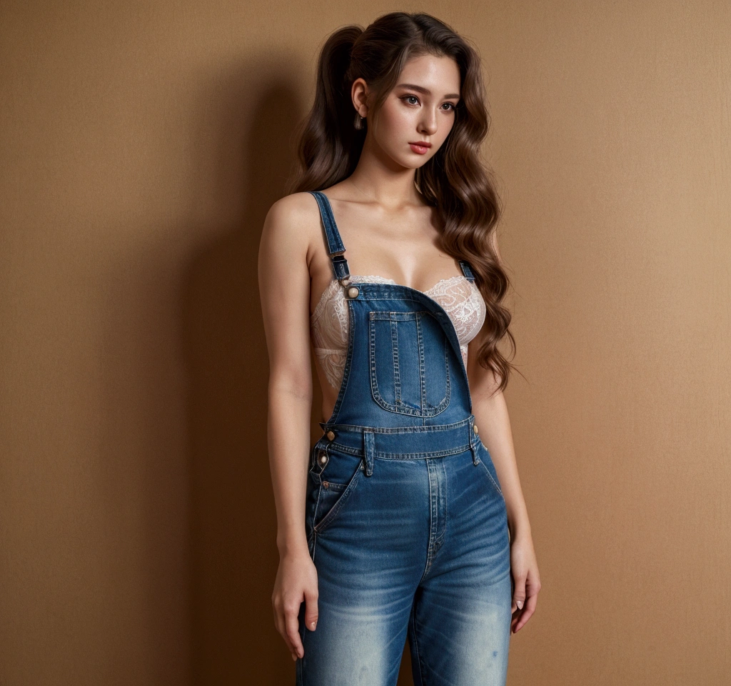a photo by pho3b3cat3s, beautiful woman, ((24 years old)), bar, lingerie, denim overalls, 1980s, Retro, long wavy ponytail, (Masterpiece), (Extremely detailed CG unity 8k wallpaper), intricate, ((photorealistic)),
