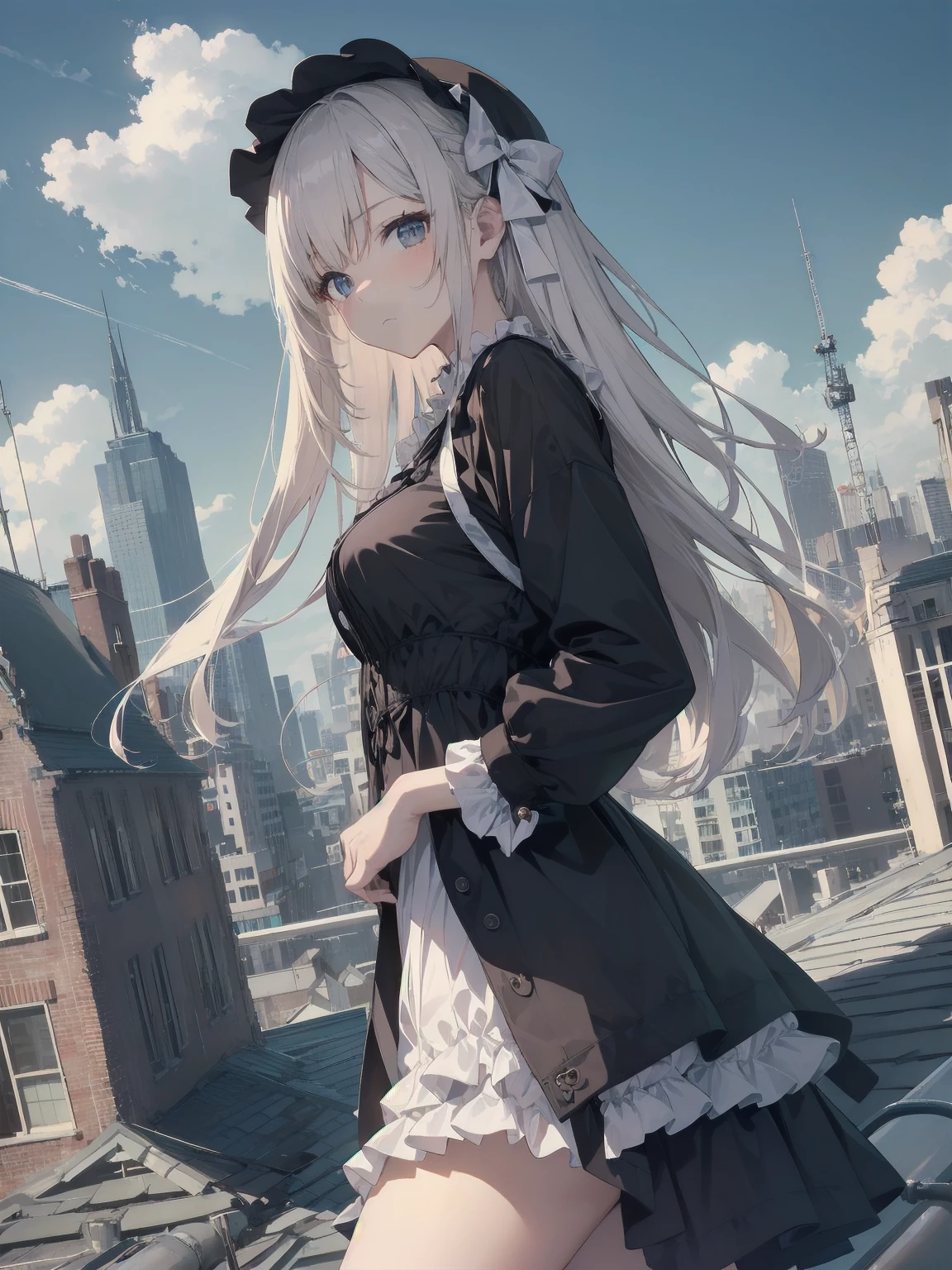 masterpiece、so beautiful、Clear contours、Cute pose of a lolita aristocrat、(building, city, cloudy null, Dutch Angle, From the side, Slight frown, View your viewers, Outdoor, rooftop, null, nullscraper

