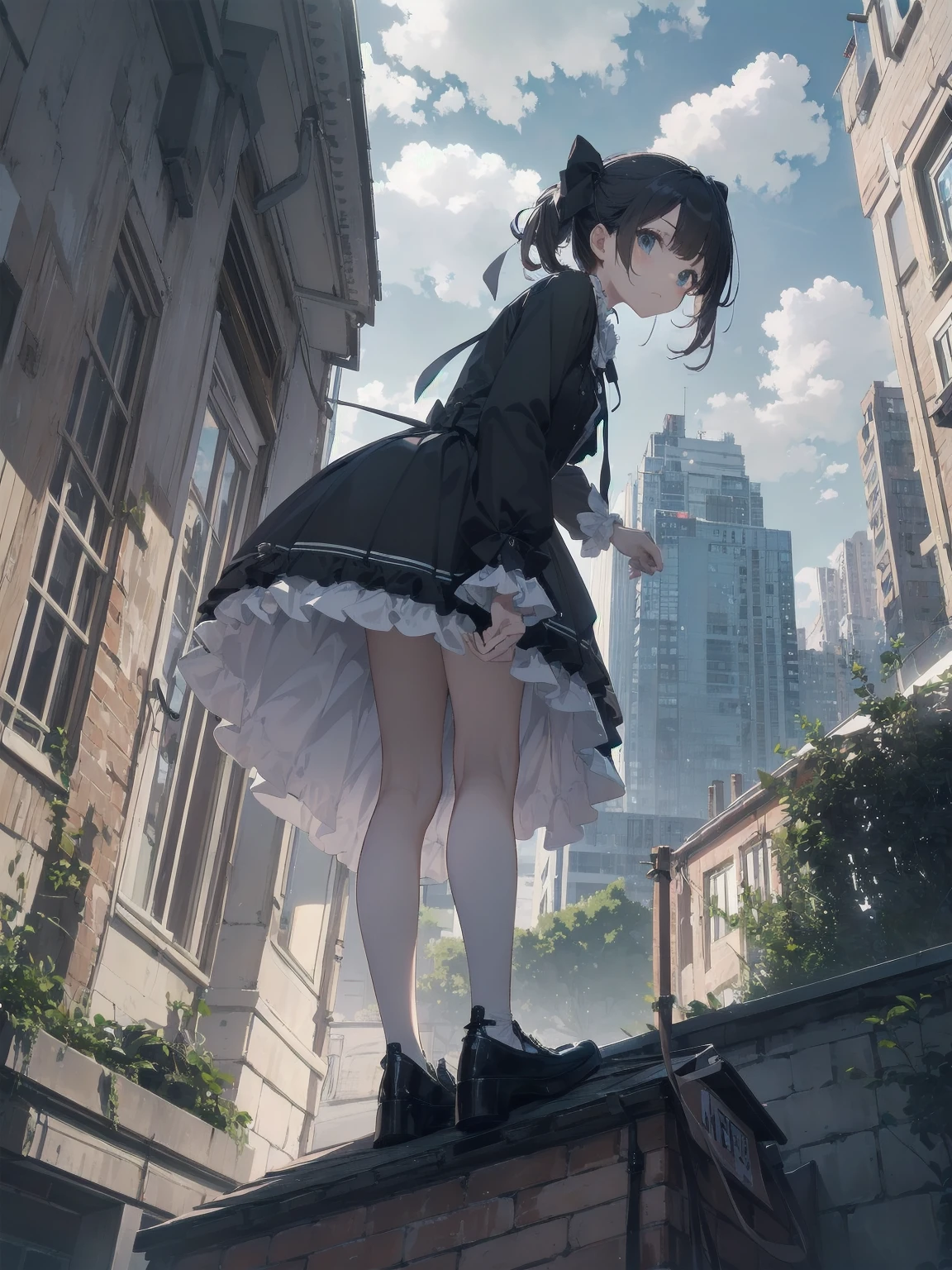 masterpiece、so beautiful、Clear contours、Cute pose of a lolita aristocrat、(building, city, cloudy null, Dutch Angle, From the side, Slight frown, View your viewers, Outdoor, rooftop, null, nullscraper
