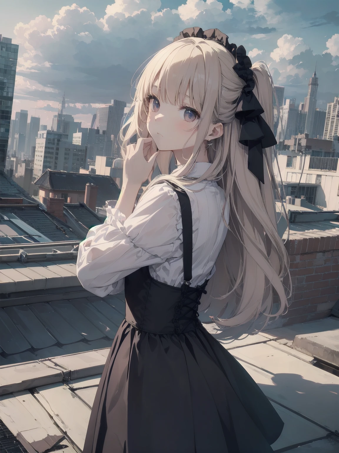 masterpiece、so beautiful、Clear contours、Cute pose of a lolita aristocrat、(building, city, cloudy null, Dutch Angle, From the side, Slight frown, View your viewers, Outdoor, rooftop, null, nullscraper