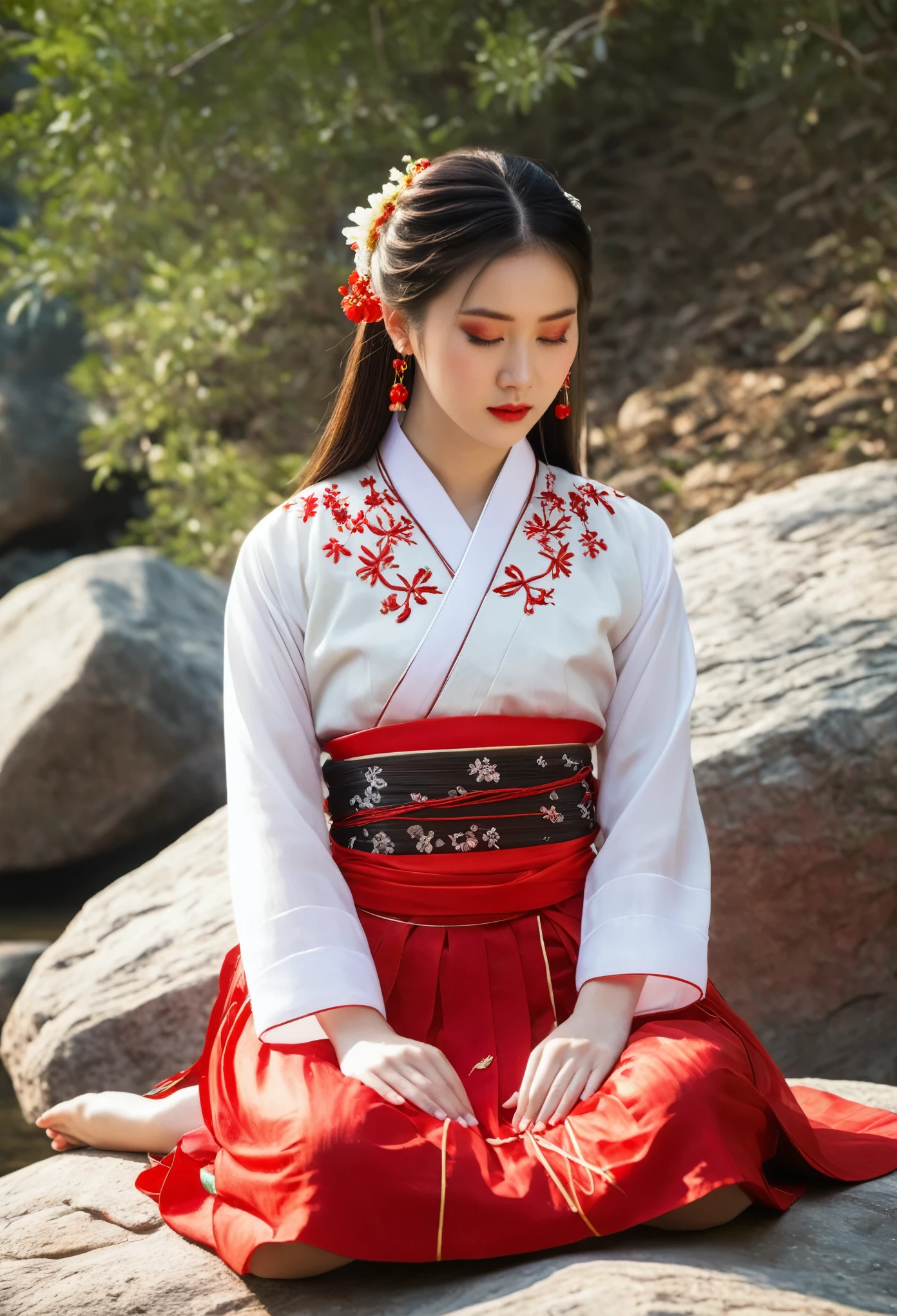 A beautiful Chinese girl in white and red traditional Hanfu, sitting on a rock with her eyes closed, with light shining through her hair, white skin, and red patterned skirt. She wears a chest cross necklace and a white gauze shirt with red floral embroidery. A full body shot shows her in a natural lighting, outdoor environment, with photo realistic techniques, super details, and ultra high definition in a close up front view, in the style of a realistic painter.