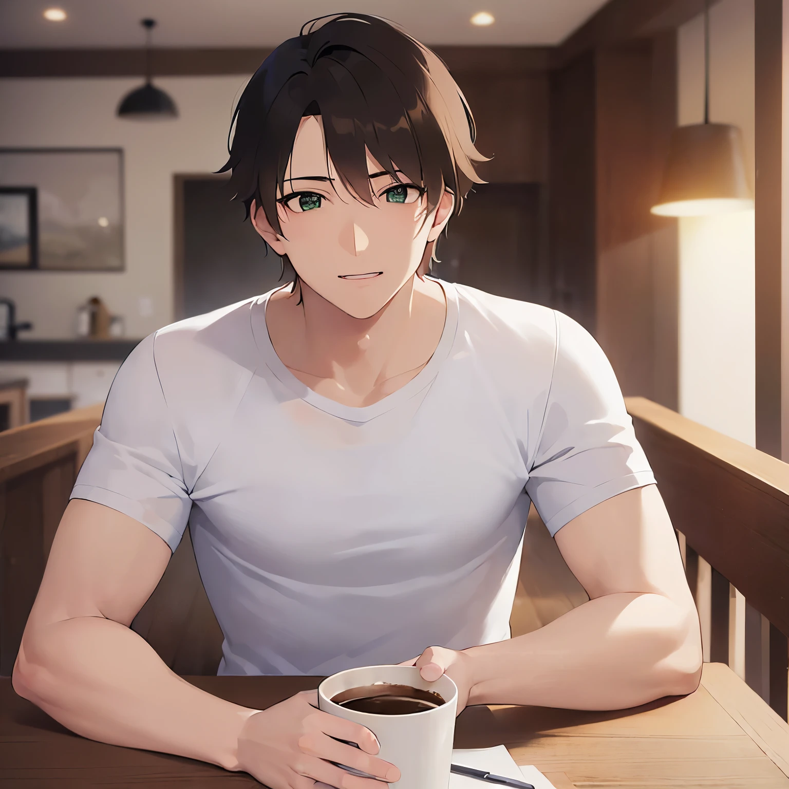 (26-year-old male:1.5),(Brown short hair),(Green Eyes),BREAK(White T-shirt:1.5)BREAK,(light smile),(holding a coffee cup:1.3),(Biologically correct5Finger),The dining room in the background,alone