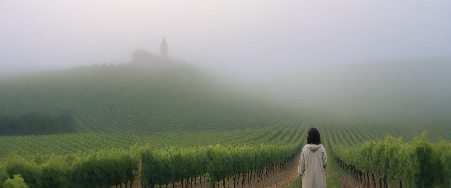 8k best picture quality, Beautiful 36-year-old Korean woman, Chest size 34 inches, The cathedral can be seen through the early morning fog past the vineyards in the Croatian countryside., The back background is realistic and vivid image quality, medium hair, Casual and British - (Beige short-sleeved windbreaker for summer) ,Perfect and realistic photos, The background is realistic. Full body shot with Canon camera 16-35 wide angle lens, expressionless, Standing on a vineyard hill covered in thick fog