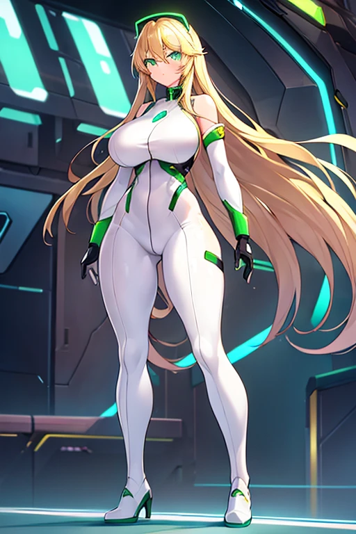 1girl, green eyes, blonde hair, long hair, large breasts, hourglass figure, bodysuit, white bodysuit, neon, neon trim, machinery, tech, science-fiction, futuristic, serious, standing, full body, ((full body)),