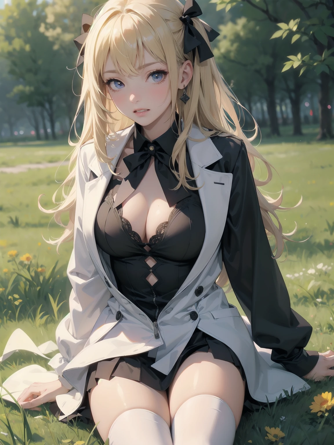 score_9, score_8_up, score_7_up, score_6_up, source_anime, 1girl, solo, cyrille, blonde hair, long hair, hair ribbon, white coat, long sleeves, black dress, black thighhighs, white boots, sitting, spread legs, field, torn clothes, cleavage, medium breasts, looking at you, clenched teeth, blush, embarrassed,