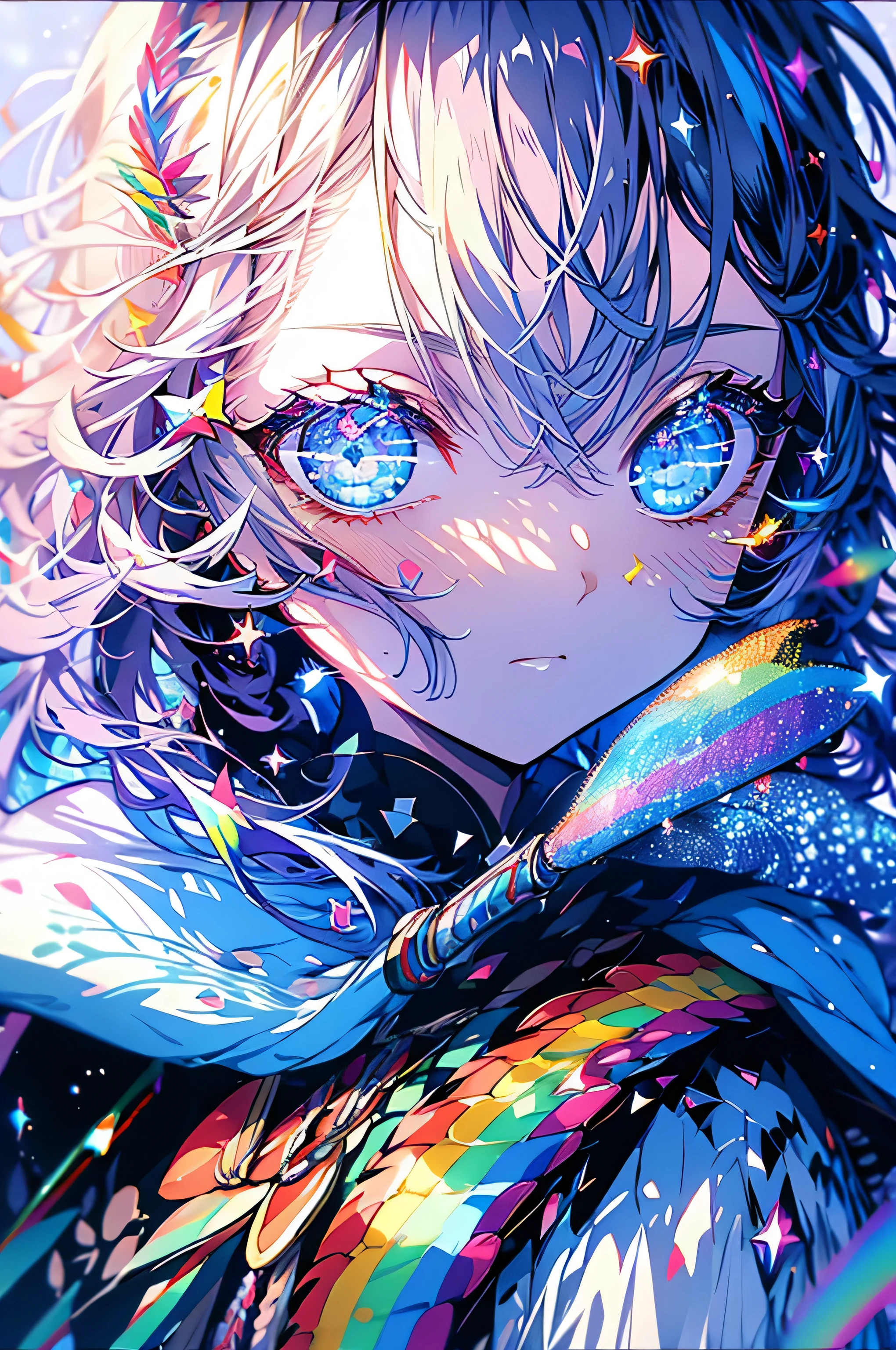 masterpiece、girl、Rainbow colorsの髪、Sparkling eyes、Serious face、Shining Background、Starry Sky Skiing、Rainbow colors