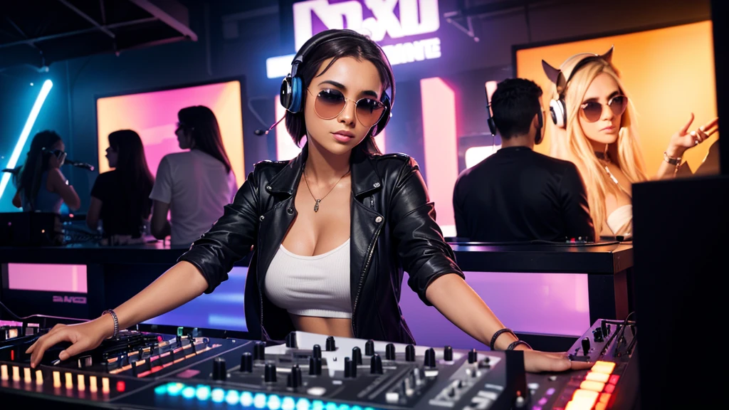 create an image of a beautiful woman in sunglasses and a DJ headset controlling a professional DJ mixer music table