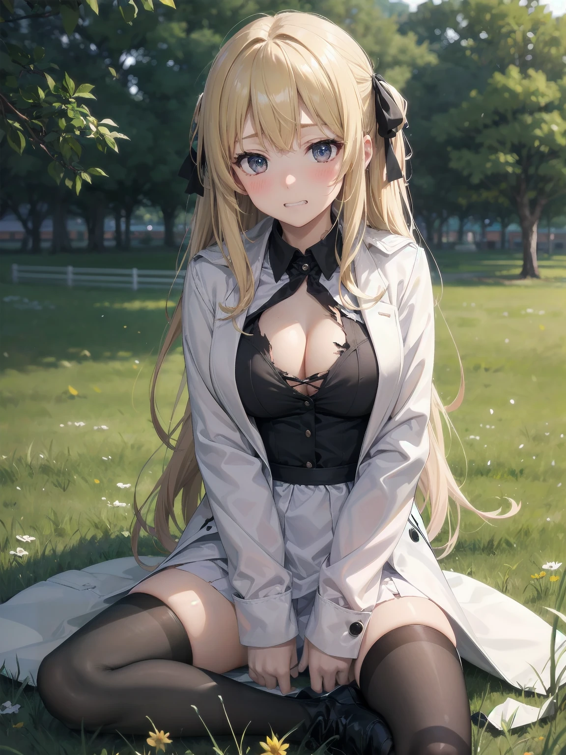 score_9, score_8_up, score_7_up, score_6_up, source_anime, 1girl, solo, cyrille, blonde hair, long hair, hair ribbon, white coat, long sleeves, black dress, black thighhighs, white boots, sitting, spread legs, field, torn clothes, cleavage, medium breasts, looking at you, clenched teeth, blush, embarrassed,